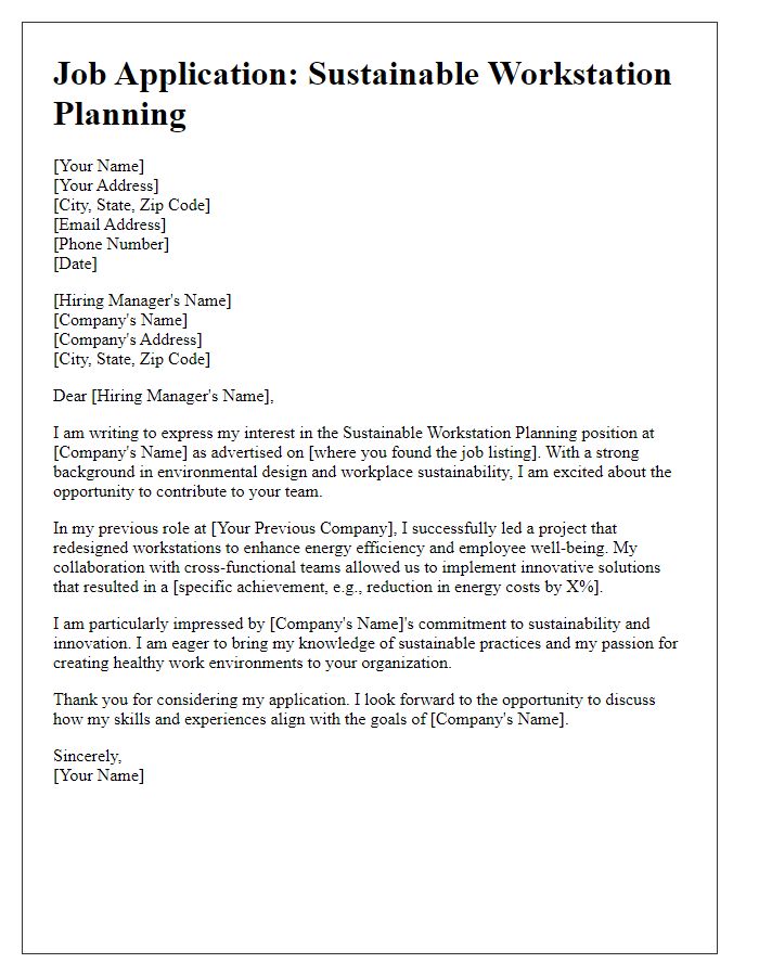 Letter template of job application for sustainable workstation planning.