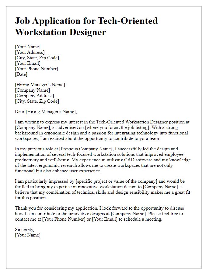 Letter template of job application for tech-oriented workstation design.