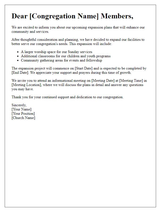 Letter template of notification to congregation about expansion plans