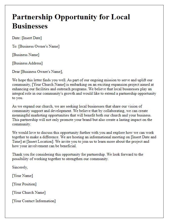 Letter template of partnership opportunity for local businesses in church expansion