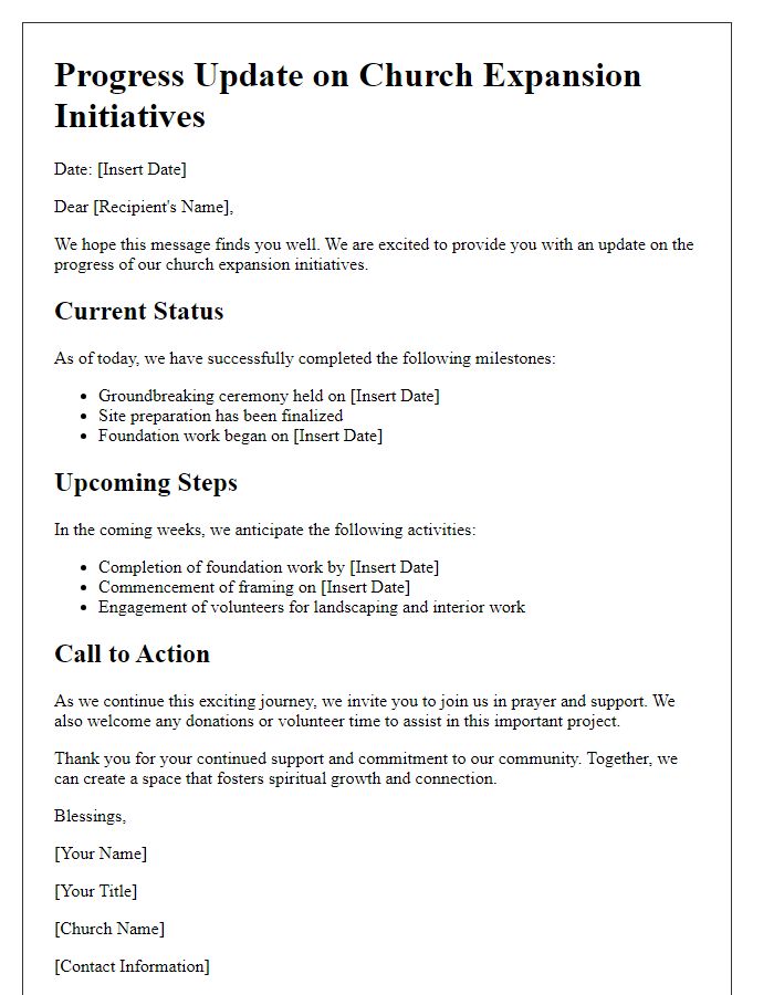 Letter template of progress update on church expansion initiatives