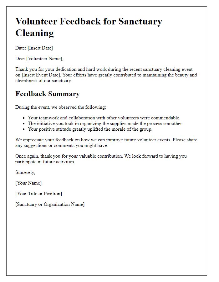 Letter template of sanctuary cleaning volunteer feedback