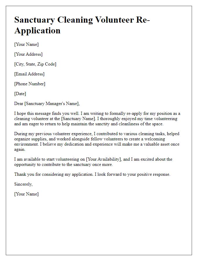 Letter template of sanctuary cleaning volunteer re-application