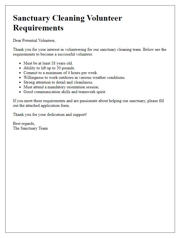 Letter template of sanctuary cleaning volunteer requirements