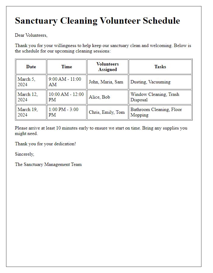 Letter template of sanctuary cleaning volunteer schedule