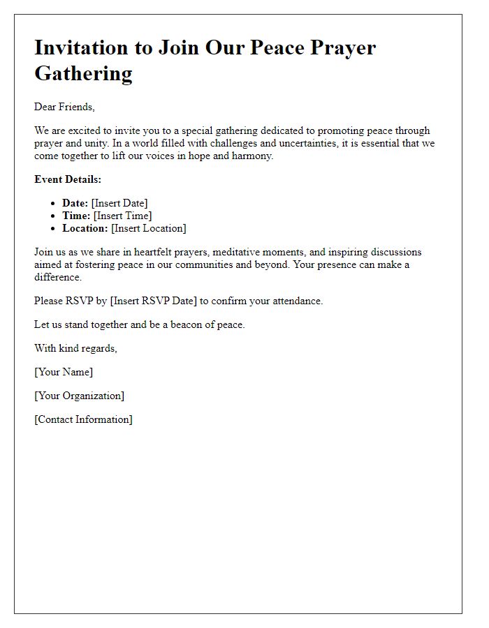 Letter template of call to action for peace prayer gathering