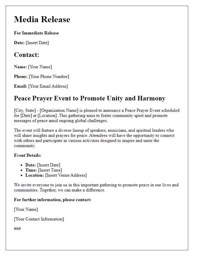 Letter template of media release for peace prayer event