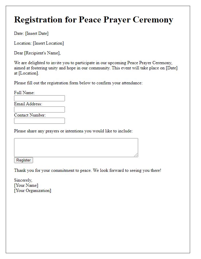 Letter template of registration for peace prayer ceremony