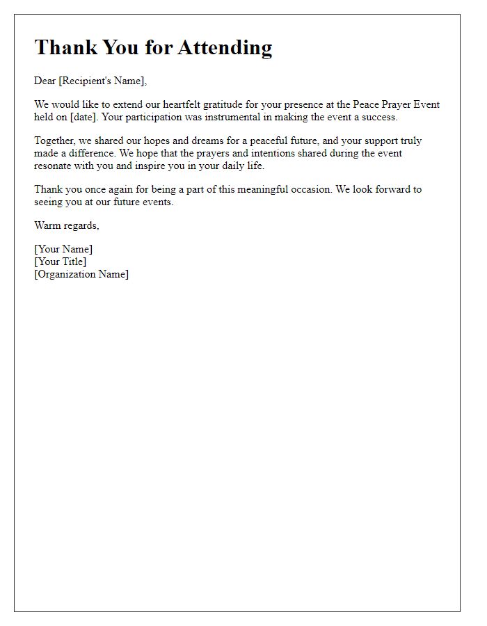 Letter template of thank you for attending peace prayer event