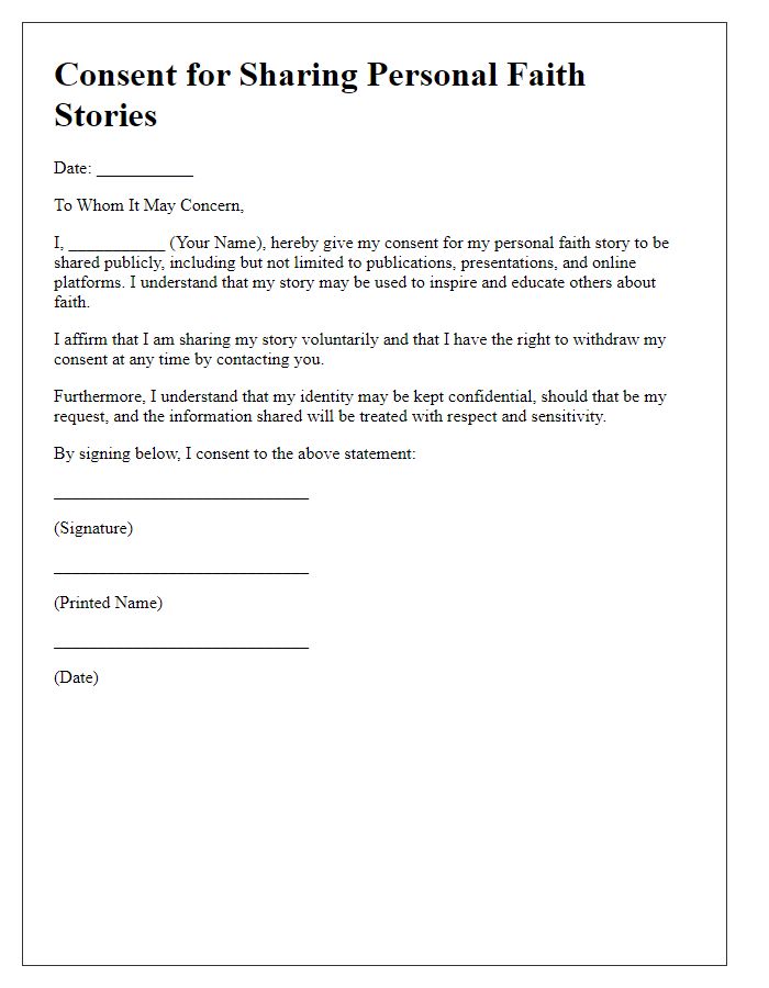 Letter template of consent for sharing personal faith stories