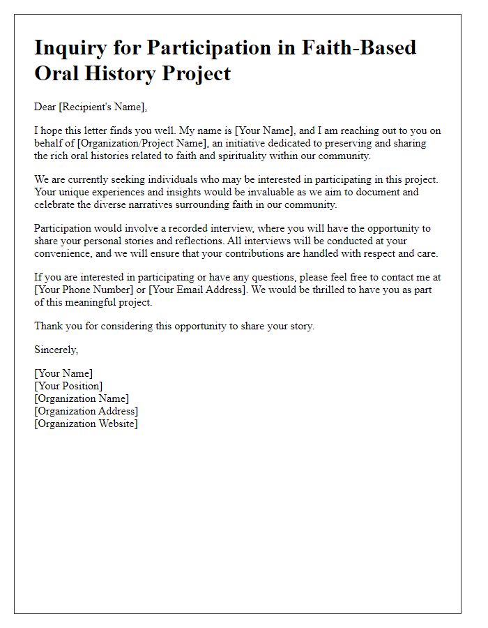 Letter template of inquiry for participation in faith-based oral history project