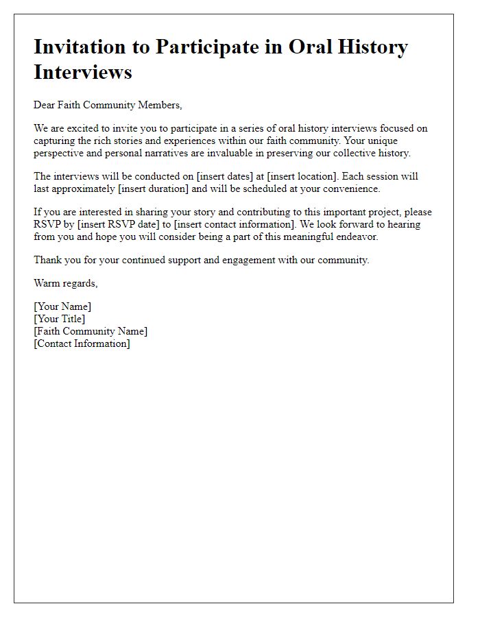 Letter template of invitation to faith community members for oral history interviews