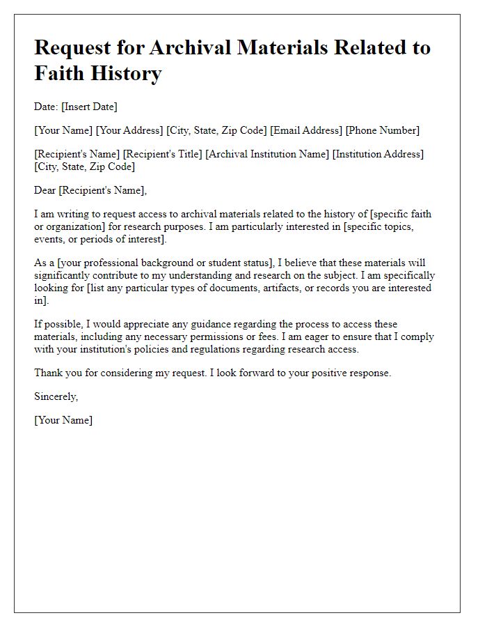 Letter template of request for archival materials related to faith history