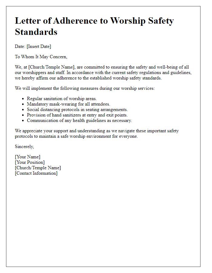 Letter template of adherence to worship safety standards