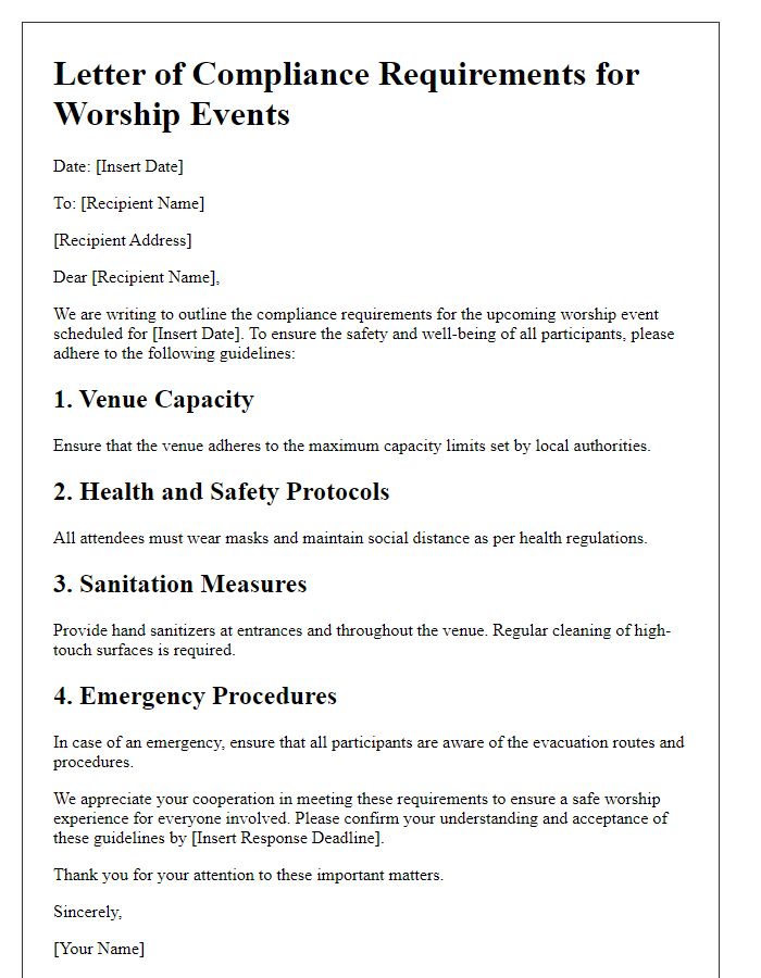 Letter template of compliance requirements for worship events