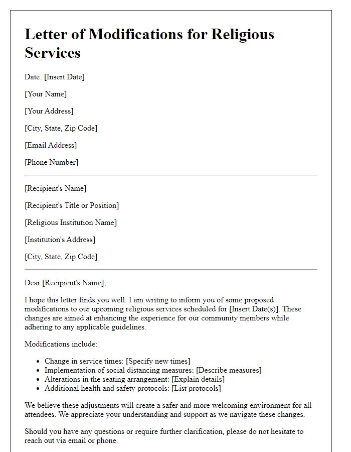 Letter template of modifications for religious services