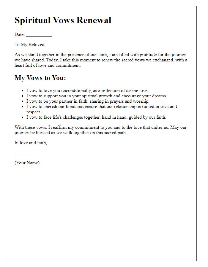 Letter template of spiritual vows for a faith-based renewal