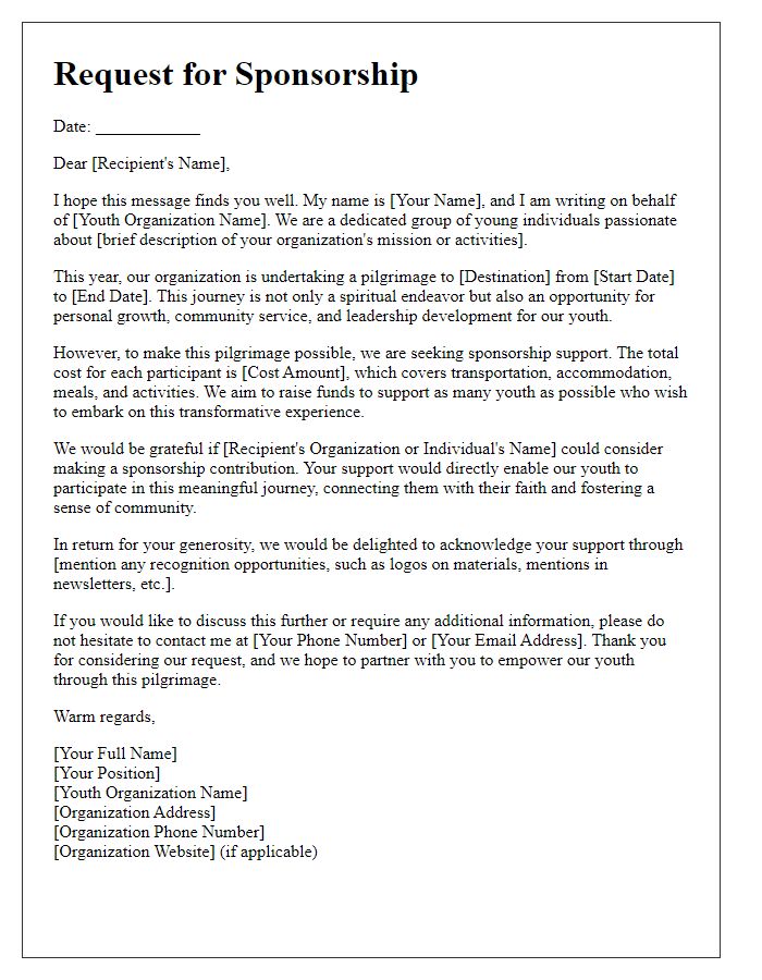 Letter template of pilgrimage sponsorship plea for youth organizations.