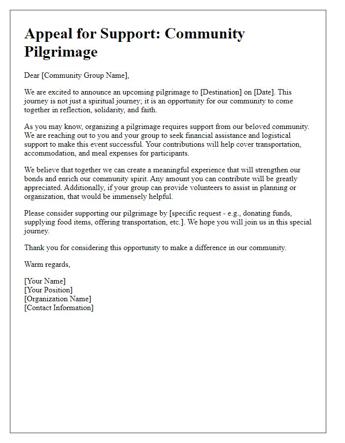 Letter template of pilgrimage support appeal for community groups.