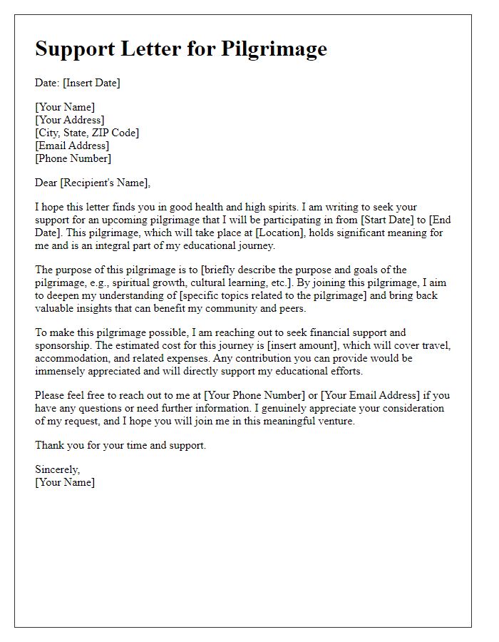 Letter template of pilgrimage support letter for educational purposes.