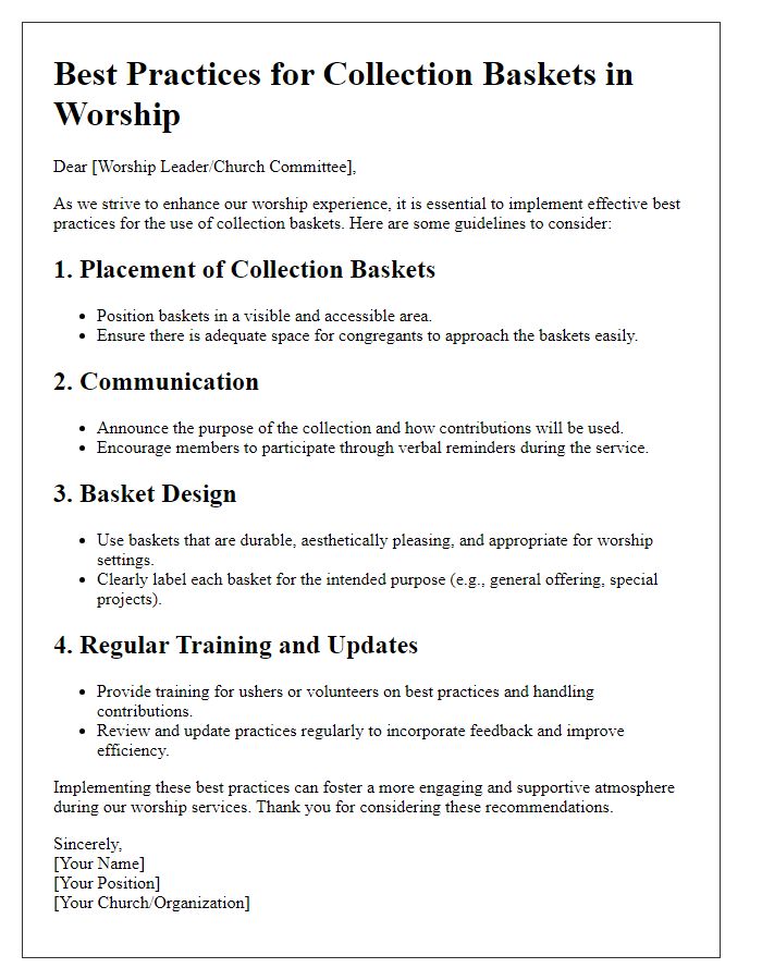 Letter template of best practices for collection baskets in worship.