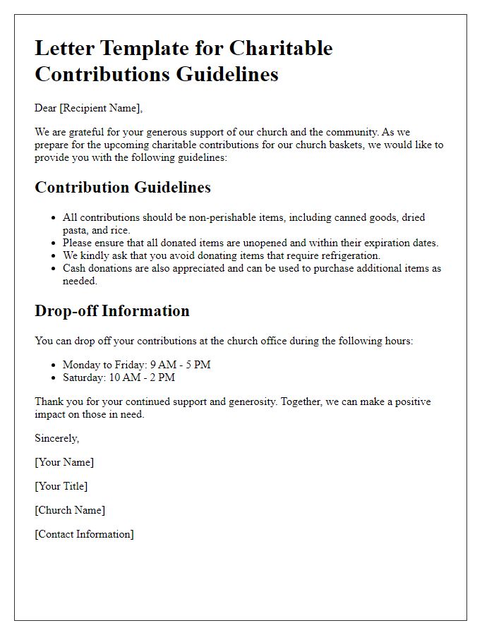 Letter template of charitable contributions guidelines for church baskets.