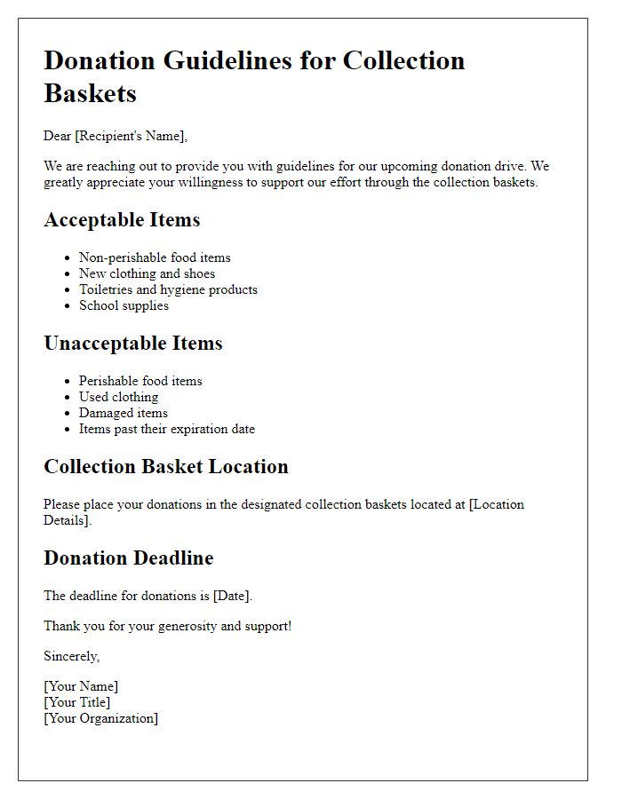 Letter template of donation guidelines for collection baskets.