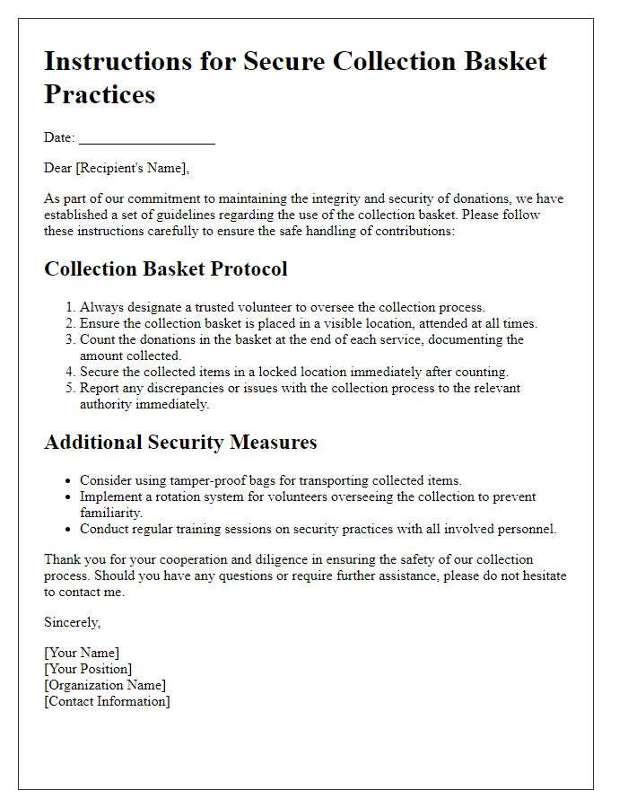 Letter template of instructions for secure collection basket practices.