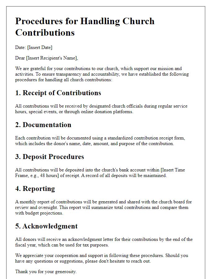 Letter template of procedures for handling church contributions.