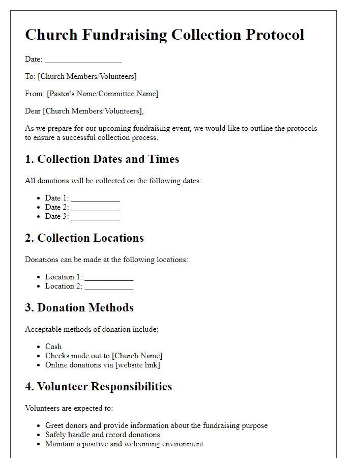 Letter template of protocols for church fundraising collection.