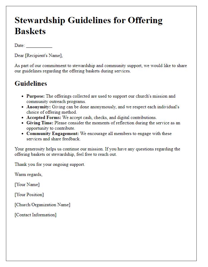 Letter template of stewardship guidelines for offering baskets.