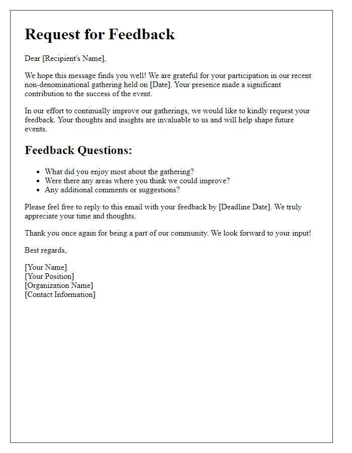 Letter template of feedback request for a non-denominational gathering