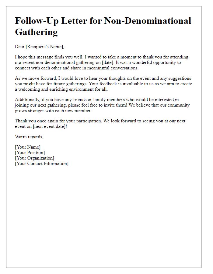 Letter template of follow-up for a non-denominational gathering