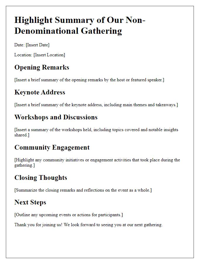 Letter template of highlight summary for a non-denominational gathering