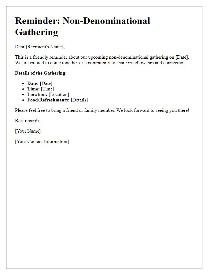 Letter template of reminder for a non-denominational gathering