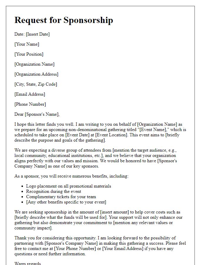 Letter template of sponsorship request for a non-denominational gathering