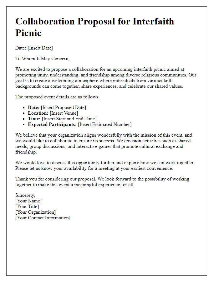 Letter template of collaboration proposal for interfaith picnic.