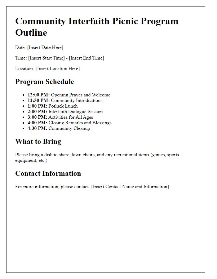 Letter template of event program outline for community interfaith picnic.