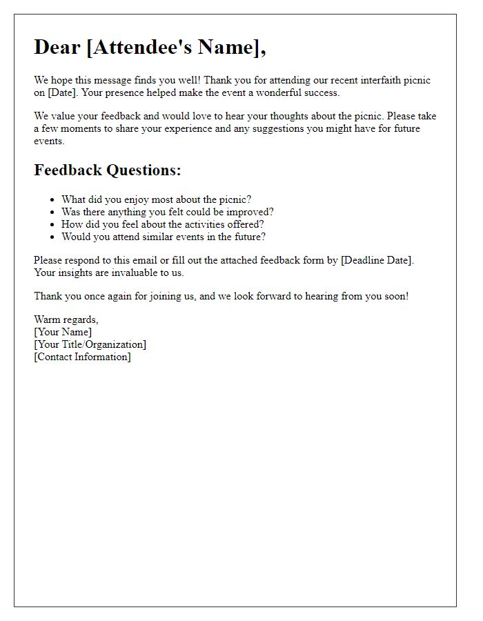 Letter template of feedback solicitation for interfaith picnic attendees.