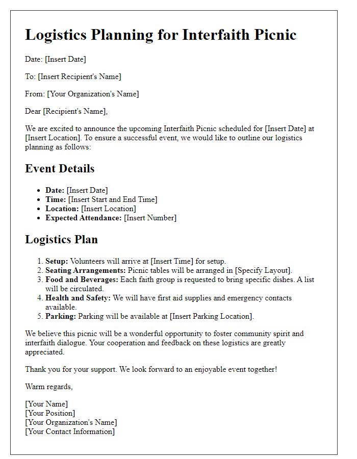 Letter template of logistics planning for interfaith picnic.