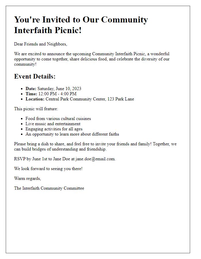 Letter template of promotional announcement for community interfaith picnic.