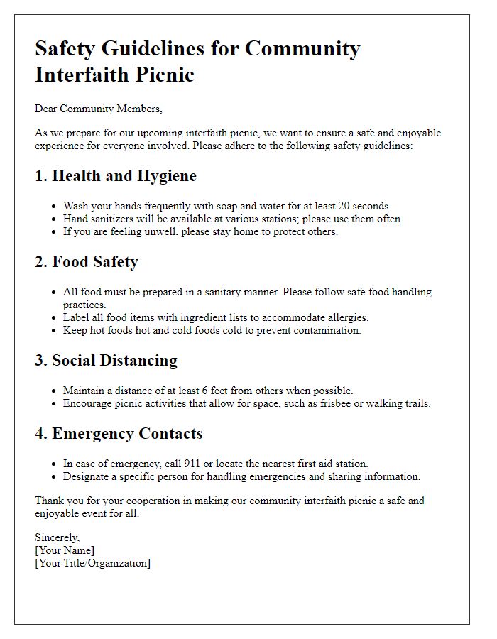 Letter template of safety guidelines for community interfaith picnic.