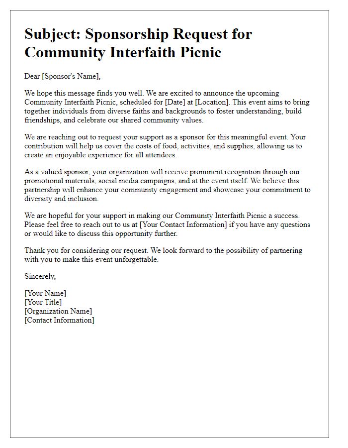 Letter template of sponsorship request for community interfaith picnic.