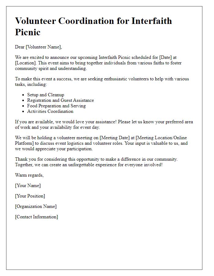 Letter template of volunteer coordination for interfaith picnic.