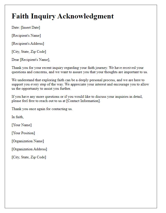 Letter template of faith inquiry acknowledgment