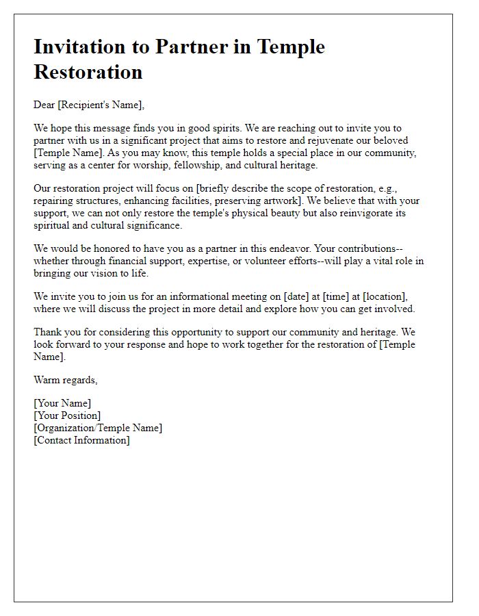 Letter template of temple restoration partnership invitation