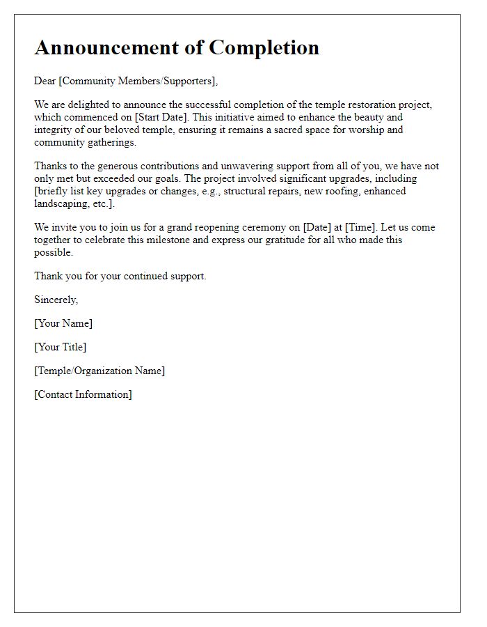 Letter template of temple restoration project completion announcement