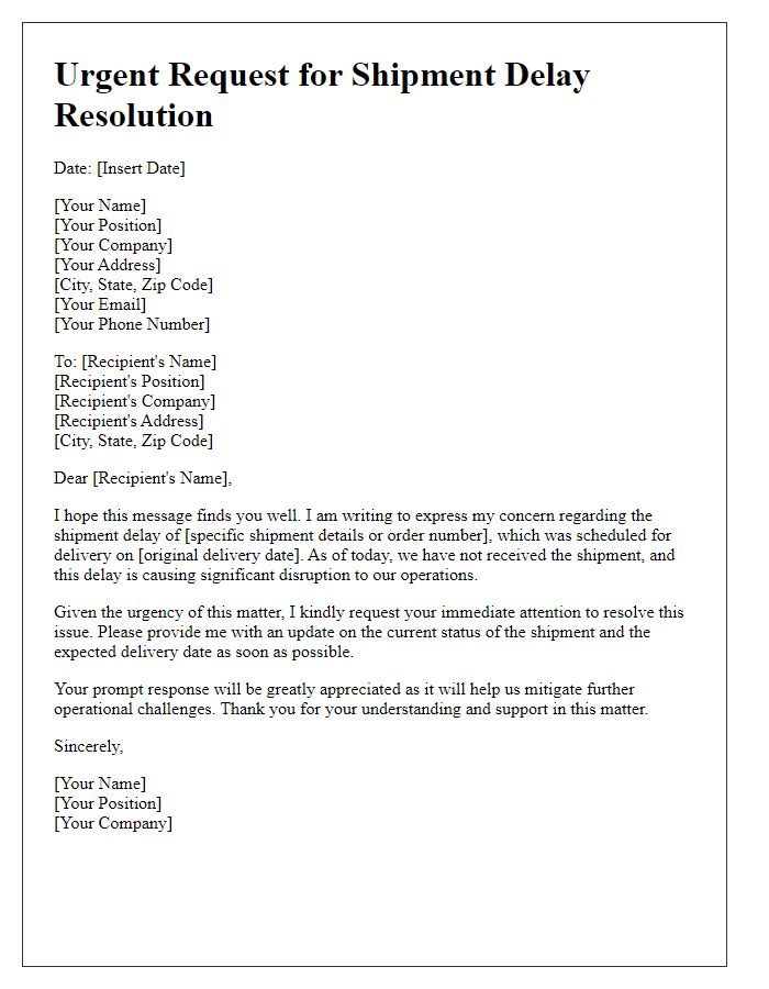 Letter template of urgency for resolving shipment delay