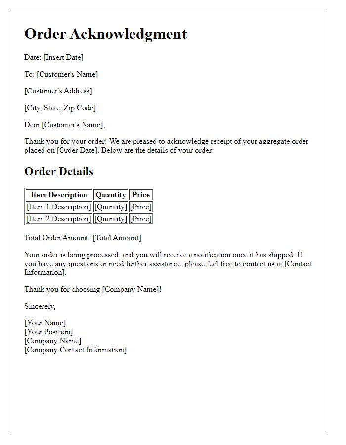 Letter template of Aggregate Order Acknowledgment