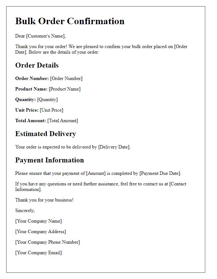 Letter template of Bulk Order Confirmation